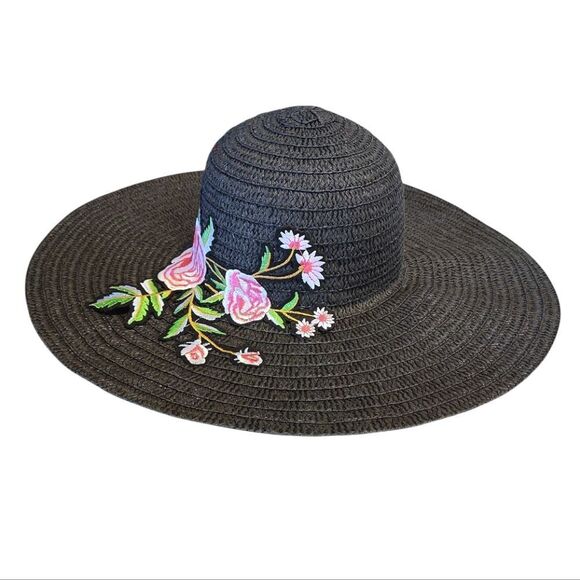 Y2K Black with Pink Floral Embroidered Applique Oversized Straw Floppy Hat - Picture 3 of 11